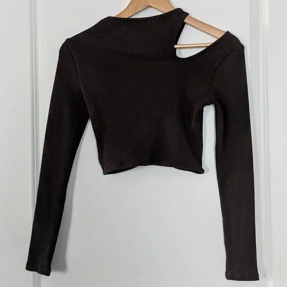 Zara Top Women's Large Brown Cropped Ribbed Cut-Out Long Sleeve Asymmetric Shirt - Picture 9 of 13